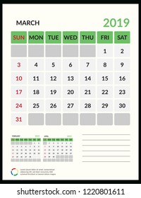vector Calendar 2019.  Week starts on Sunday. English calender. Happy  New year