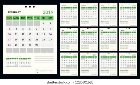 vector Calendar 2019.  Week starts on Sunday. English calender. Happy  New year