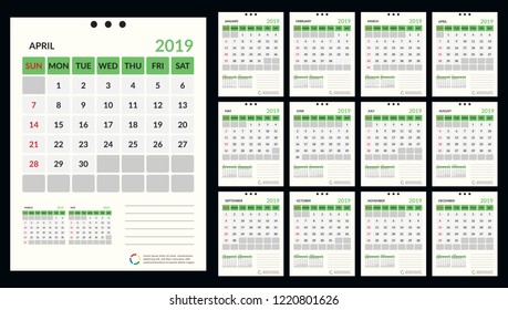 vector Calendar 2019.  Week starts on Sunday. English calender. Happy  New year