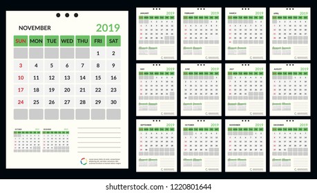 vector Calendar 2019.  Week starts on Sunday. English calender. Happy  New year