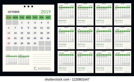 vector Calendar 2019.  Week starts on Sunday. English calender. Happy  New year