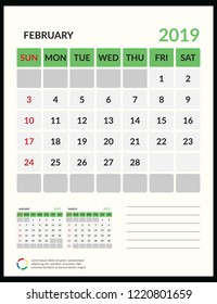 vector Calendar 2019.  Week starts on Sunday. English calendar. Happy  New year