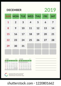 vector Calendar 2019.  Week starts on Sunday. English calender. Happy  New year