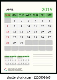 vector Calendar 2019.  Week starts on Sunday. English calendar. Happy  New year