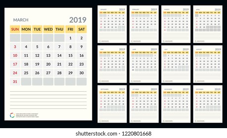 vector Calendar 2019.  Week starts on Sunday. English calender. Happy  New year