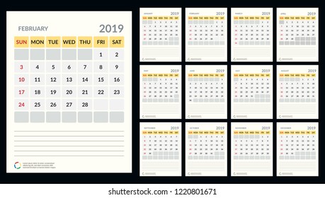 vector Calendar 2019.  Week starts on Sunday. English calendar. Happy  New year