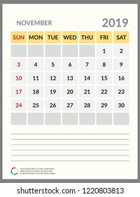 vector Calendar 2019.  Week starts on Sunday. English calendar. Happy  New year