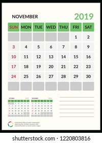vector Calendar 2019.  Week starts on Sunday. English calendar. Happy  New year