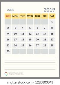 vector Calendar 2019.  Week starts on Sunday. English calendar. Happy  New year