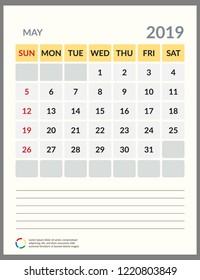 vector Calendar 2019.  Week starts on Sunday. English calendar. Happy  New year