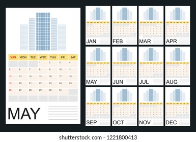 vector Calendar 2019.  Week starts on Sunday. English calendar. 