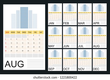 vector Calendar 2019.  Week starts on Sunday. English calendar. 