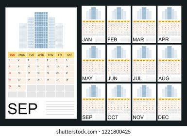 vector Calendar 2019.  Week starts on Sunday. English calendar. 