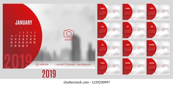 Vector of Calendar 2019 year with 12 month calendar with modern style,week start at Sunday,Template for place your photo