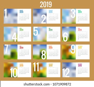 Vector Calendar for 2019 year. Vector design print template with place for photo. Set of 12 calendar pages. Stationery design