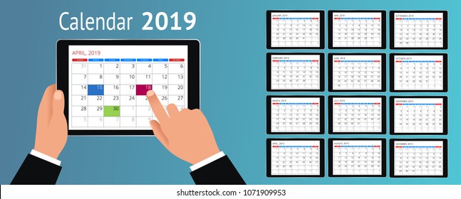 Vector Calendar for 2019 year. Hand with a smartphone with a calendar, one month plans. Design print template. Set of 12 calendar pages.