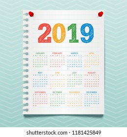 Vector Calendar for 2019 Year hanging on a blue office wall. Hand drawn colorful text. Modern Creative Design Print Template. Notebook paper sheet. Corporate business layout. Week starts from Sunday.