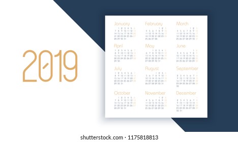 Vector calendar 2019 year. Planner design. Calendar 2019 vector template