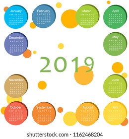 Vector calendar 2019 year. Round color pattern. Week starts on Sunday
