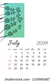 Vector calendar for 2019 year simple style in white background. july Month. Week starts from Sunday. Template with floral illustration of colorful flowers. A5 size