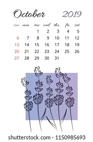 Vector calendar for 2019 year simple style in white background. october Month. Week starts from Sunday. Template with floral illustration of colorful flowers. A5 size