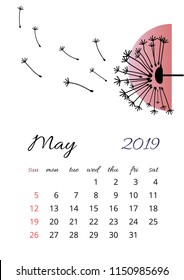 Vector calendar for 2019 year simple style in white background. may Month. Week starts from Sunday. Template with floral illustration of colorful flowers. A5 size