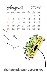 Vector calendar for 2019 year simple style in white background. august Month. Week starts from Sunday. Template with floral illustration of colorful flowers. A5 size