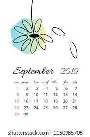Vector calendar for 2019 year simple style in white background. september Month. Week starts from Sunday. Template with floral illustration of colorful flowers. A5 size