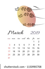 Vector calendar for 2019 year simple style in white background. march Month. Week starts from Sunday. Template with floral illustration of colorful flowers. A5 size