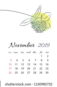 Vector calendar for 2019 year simple style in white background. november Month. Week starts from Sunday. Template with floral illustration of colorful flowers. A5 size