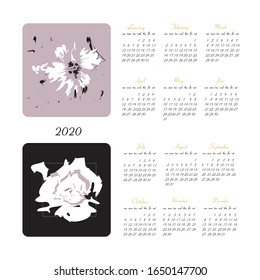 Vector calendar for 2020. All 12 months. Week Starts Sunday. Calendar for 2020 vector template with abstract art pattern.