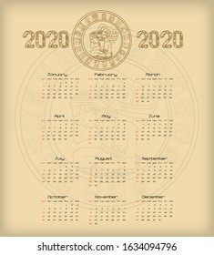 Vector calendar 2020 in Aztec style