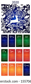 Vector Calendar 2020. A beautiful ornament of animals, stars and snowflakes decorate it. For use in designs.