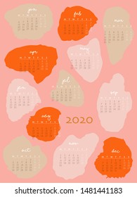 Vector Calendar 2020 design. Artistic Calendar design with abstract in shapes. Printable and ready to use vector calendar for 2020 year.