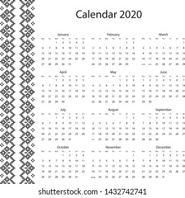 vector calendar 2020 with embroidery in design