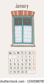 Vector calendar 2020 with hand-drawn windows. January