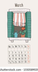 Vector calendar 2020 with hand-drawn windows. March