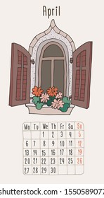 Vector calendar 2020 with hand-drawn windows. April.