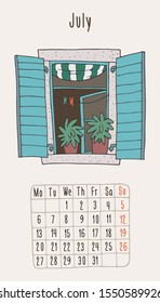 Vector calendar 2020 with hand-drawn windows. July