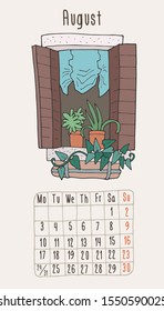 Vector calendar 2020 with hand-drawn windows. August