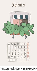 Vector calendar 2020 with hand-drawn windows. September.