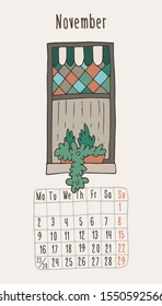 Vector calendar 2020 with hand-drawn windows. November