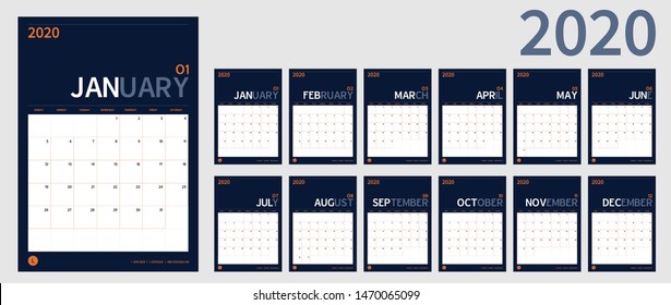 vector Calendar 2020 new year planner set 12 month in clean minimal table simple design style and navy blue color,vertical holiday event template calender,Week Starts Sunday