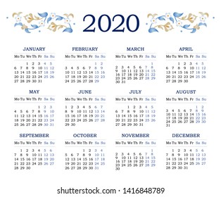 Vector calendar for 2020 on white background. Floral decor. Template calendar grid with week starts Monday.