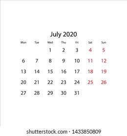 Vector calendar 2020 on white background.