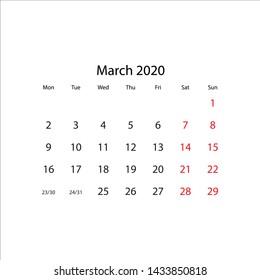 Vector calendar 2020 on white background.