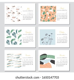 Calendario de vectores para 2020. Conjunto de 6 meses, 6 texturas dibujadas a mano. La semana empieza el domingo. Calendario para la plantilla vectorial 2020 con patrón artístico abstracto.