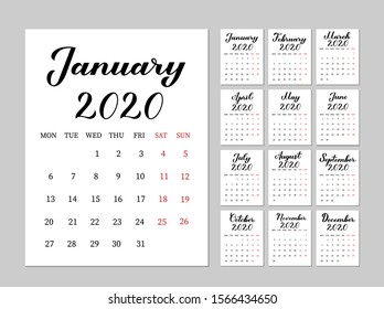 Vector calendar 2020 week starts on Monday with hand written months. Wall calendar typography. Minimalistic design Monthly planner template. Stationery for education, office, and planning a routine.