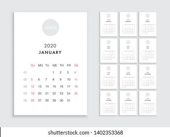 Vector calendar for 2020 year. Day planner calendar for 2020 the scheduler in this minimalist for print on a white background. Calendar planner set for template corporate design week start on Sunday