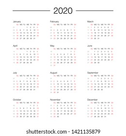 Vector calendar for 2020 year. Day planner the scheduler in this minimalist for print on a white background. week start on Sunday